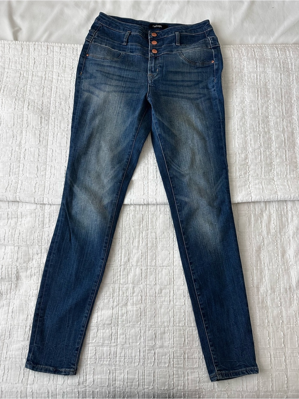 refuge Dark Blue Skinny Jeans with Triple-Button Rise